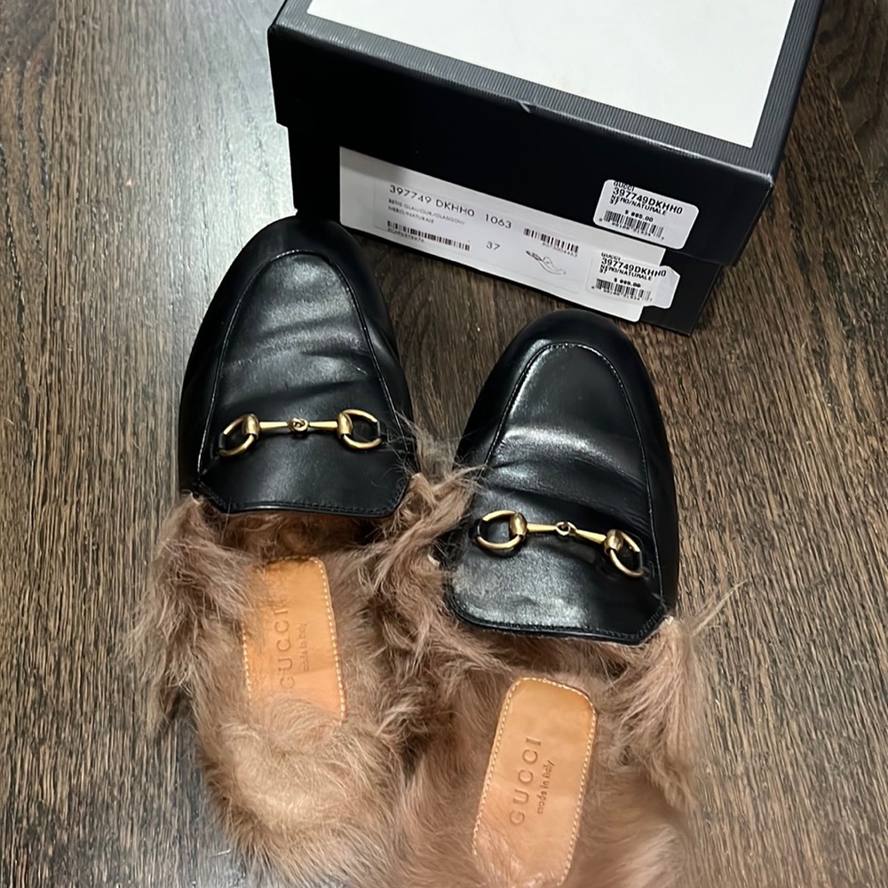 Gucci black fur slides